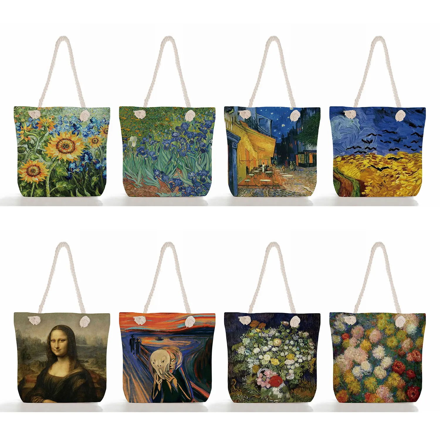 New Van Gogh Oil Painting Print Travel Beach Bags Customized Logo Picture Thick Rope Tote High Quality Foldable Reusable Handbag