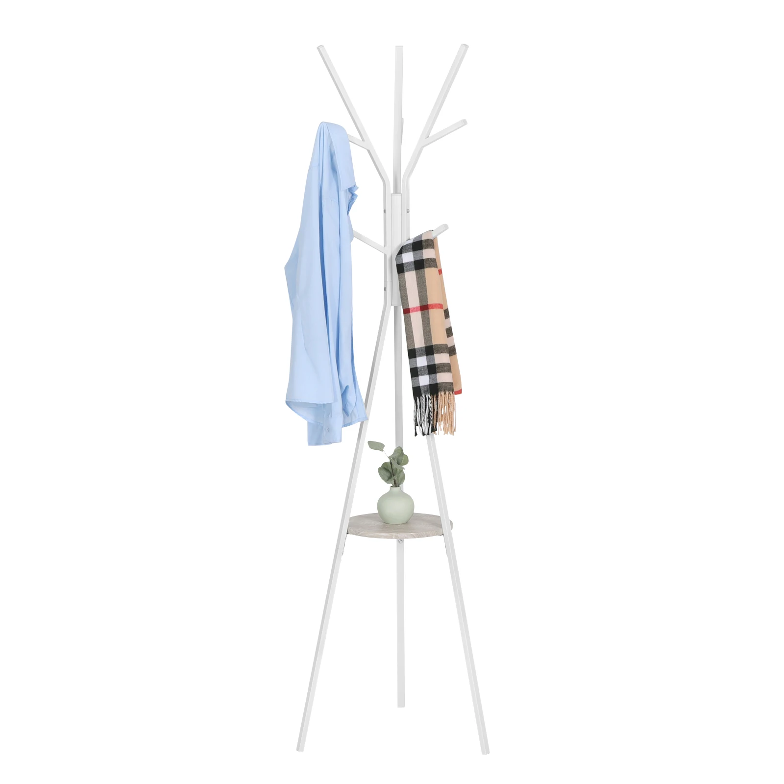 White Metal Free Standing Clothes Rack Tree Coat Rack with Shelf 9 Hooks for Clothes Hats Scarves Bags Entryway Hallway