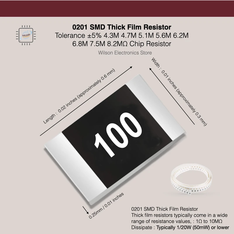 

100 PCS/LOT 0201 SMD Chip Fixed Resistor with Tolerance ±5% 4.3M 4.7M 5.1M 5.6M 6.2M 6.8M 7.5M 8.2MΩ 1/20W Film Resistor