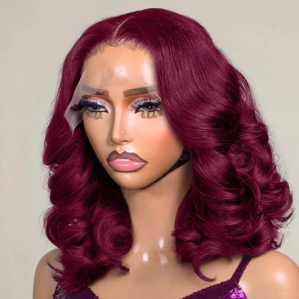 

Короткий парик Боб 250% Плотность 99J Бордовый Объемная волна 13x4 HD Парик фронта шнурка 100% человеческие волосы Свободные волнистые парики Боб Парики шнурка для женщин