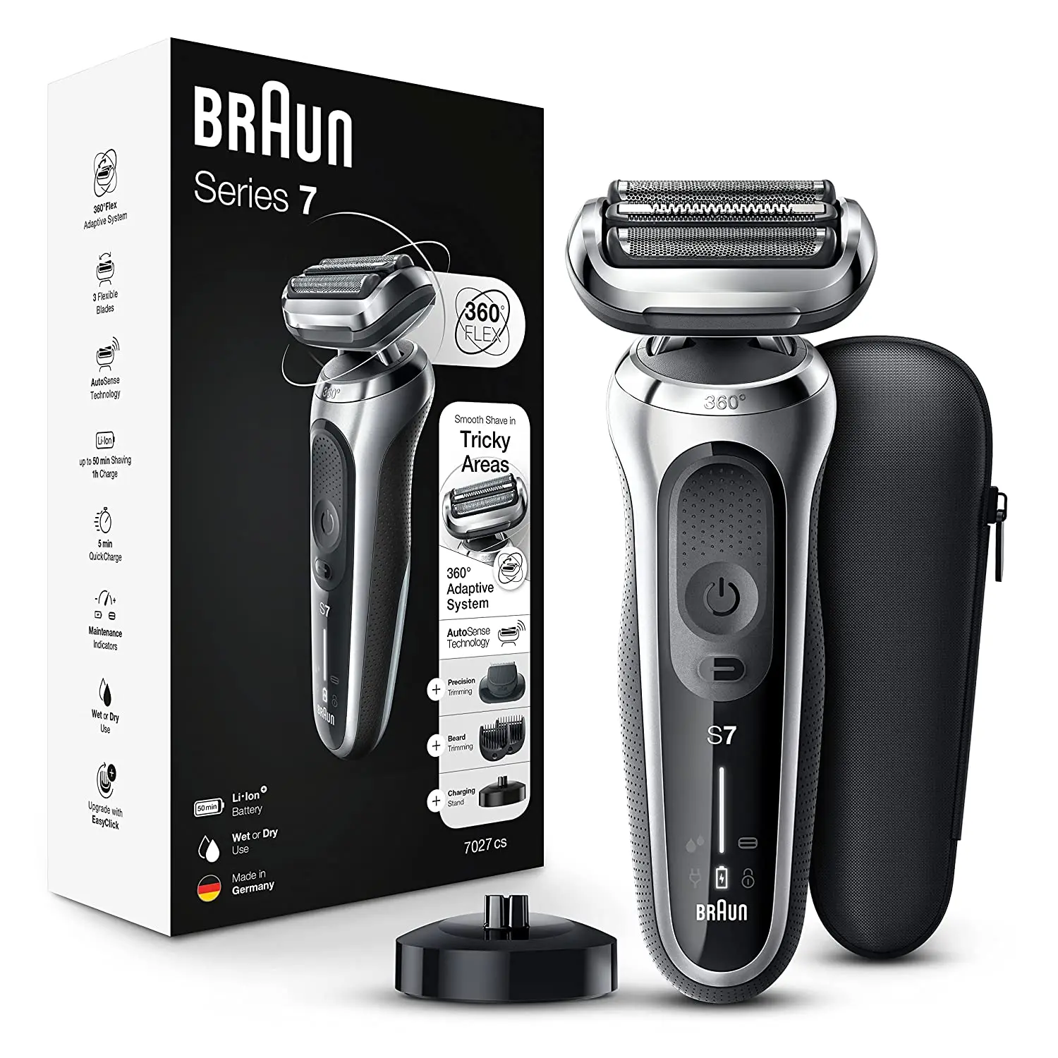 Braun Series 7 360 Flex Head Electric Shaver with Beard Trimmer for Men, Rechargeable, Wet & Dry with Charging Stand & Travel  .