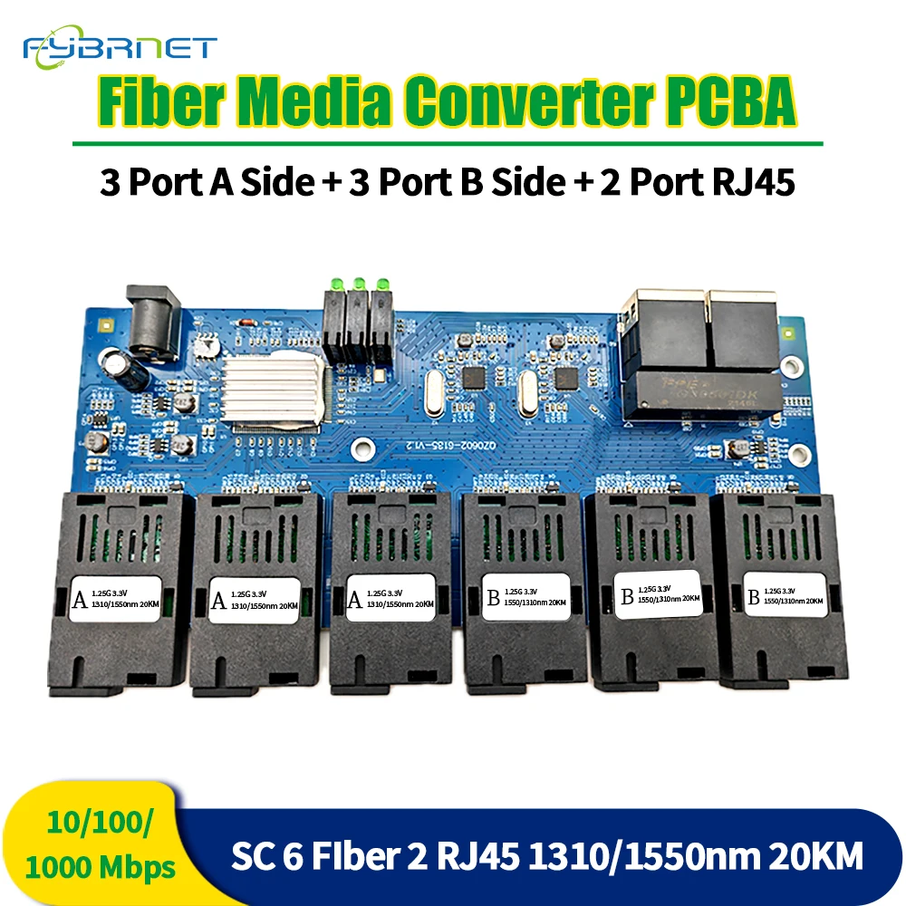 6F2E Gigabit Fiber optic switch 1.25G Ethernet Media Converter 6 Port  SC 2 RJ45 10/100/1000Mbps 6 SC 2rj45 PCBA board