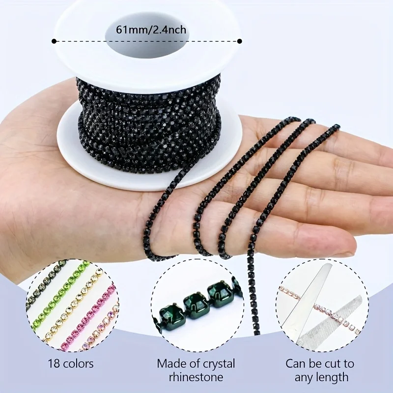 10Yards/roll Jet Black Rhinestones Chain Black Base SS6 SS8 SS12 SS16 Sew-On Glue-On For Clothes Garment Accessories trim Chain