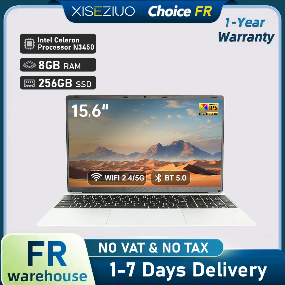 PC Portable 15,6" FHD 1920×1080 Ordinateur Portable Win11 Pro Celeron N3450 8Go RAM 256Go SSD WiFi5 Double Bande Ultra-Fin léger