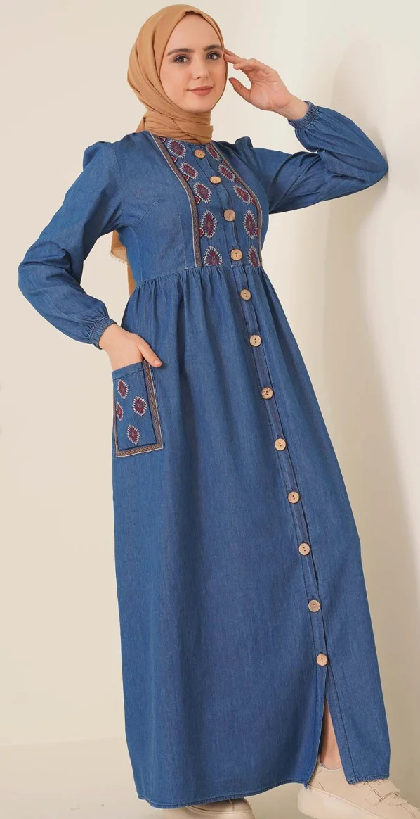 Through-hole Button Arched Handle Denim Dress Dark Blue musical long abaya women Dubai Turkish hijab girl Islam clothing Big you