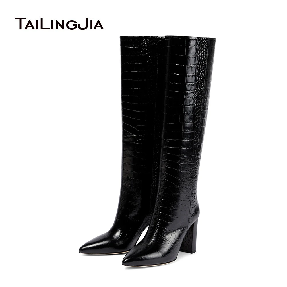 Trendy Crocodile PU Black Grey Ladies Chunky Shoes Heels Women Boots Pointed Toe 13cm Winter Knee High Boots