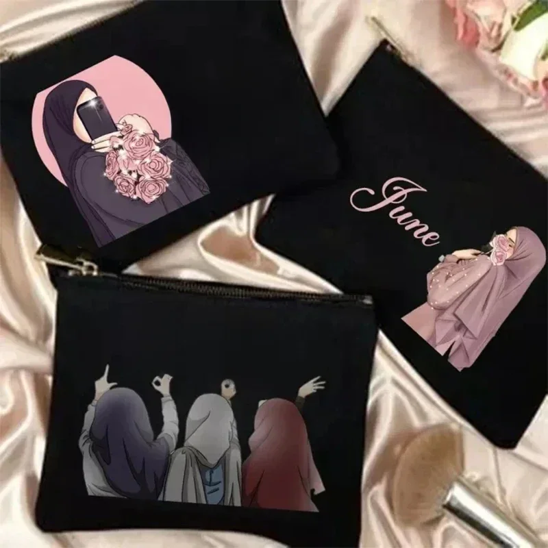Sac de maquillage personnalisé avec nom, impression couleur pour femmes, cadeau pour fille musulmane, sac de lavage personnalisé à fermeture éclair, essentiel pour voyage