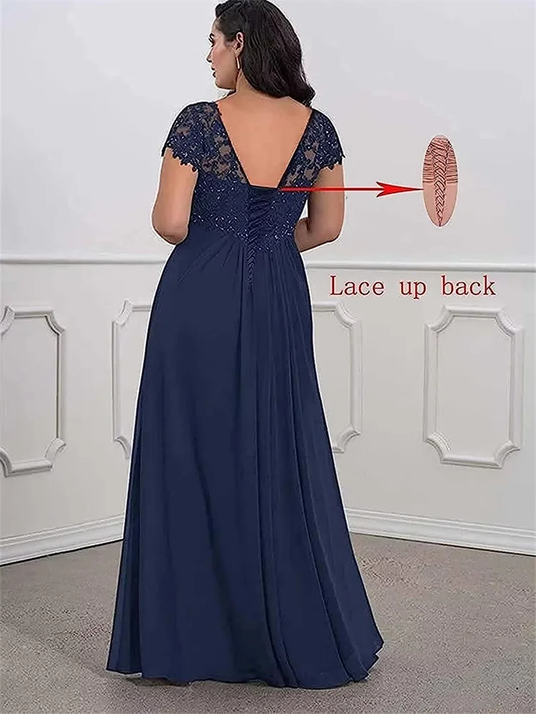 15575# Elegant V Neck Short Sleeves Maxi Mother Of The Bride Dress With Appliques Chiffon Wedding Party Guest Prom Evening Gown