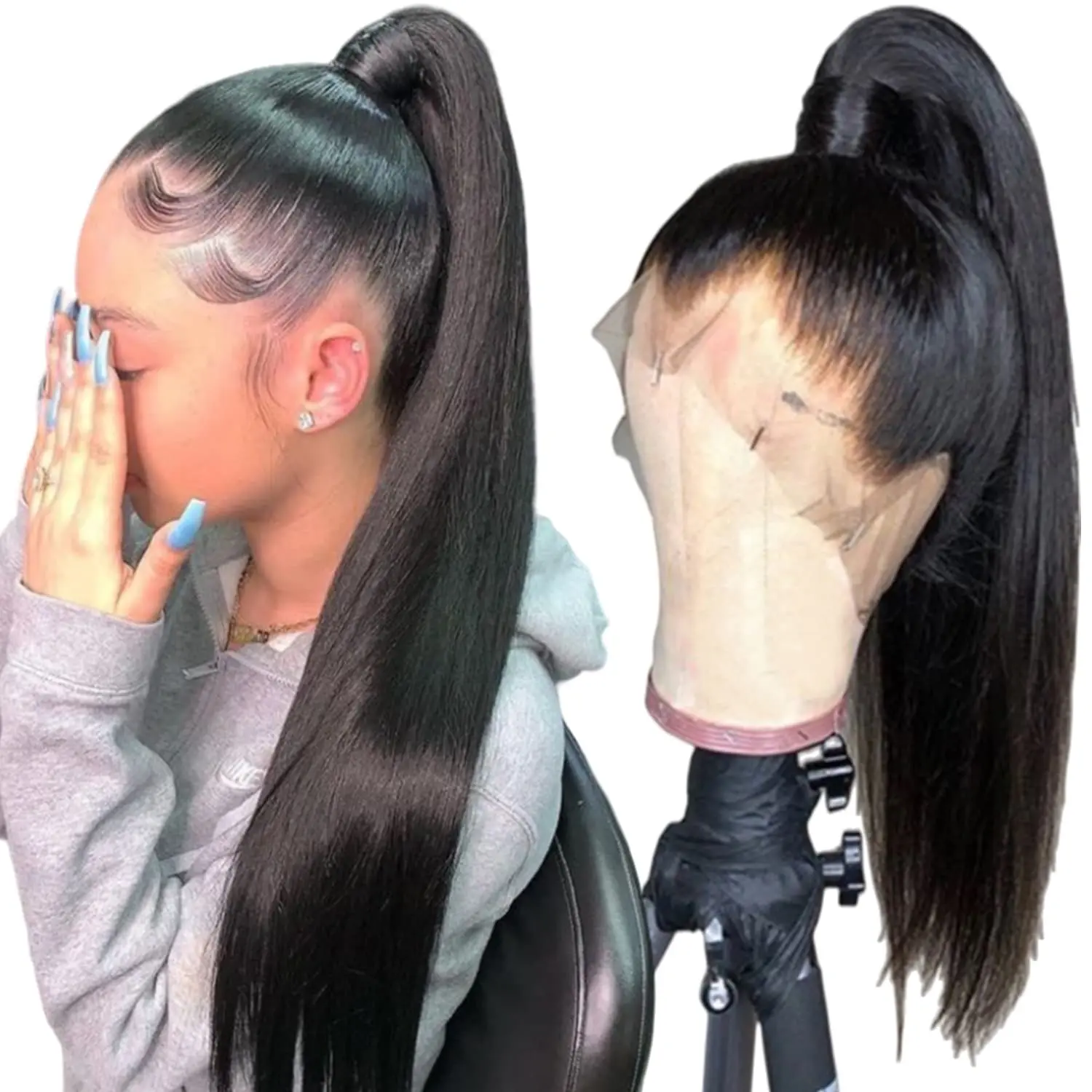 Glueless Invisi-Drawstring 360 레이스 프론트 가발 인간의 머리카락 착용 및 이동 스트레이트 전체 레이스 정면 가발 180% HD 투명 버진 헤어