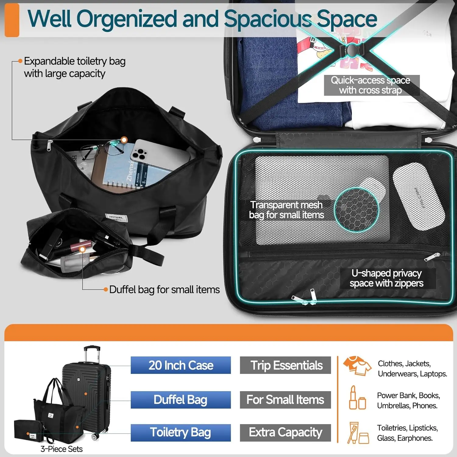 3/5 قطعة مجموعة الأمتعة ABS + PC حقائب السفر عبوة تعبئة مع عجلة TSA المعتمدة قفل وحمل على حقيبة غسل حقيبة حقيبة سفر مجموعة