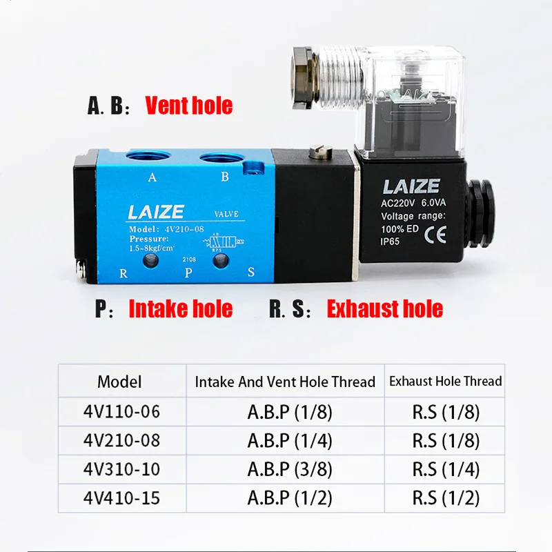 LAIZE 5/2 Way Pneumatic Solenoid Valve Airtac Type 2 Position 5 Port Single Coil Pilot-Operated Electric 4V210-08 4V310-10