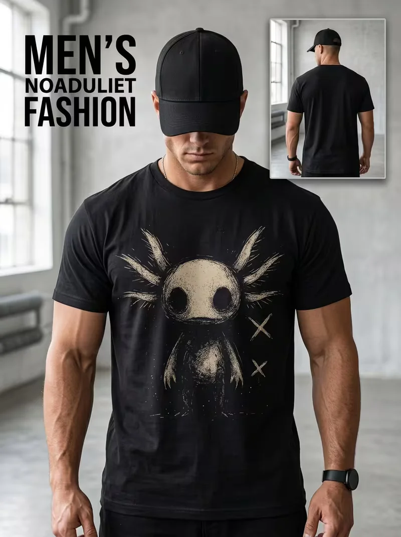 Dark Gothic Axolotl Sketch Graphic T‑Shirt, Creepy Vintage Salamander Monster Art Short Sleeve Tee for Men Women