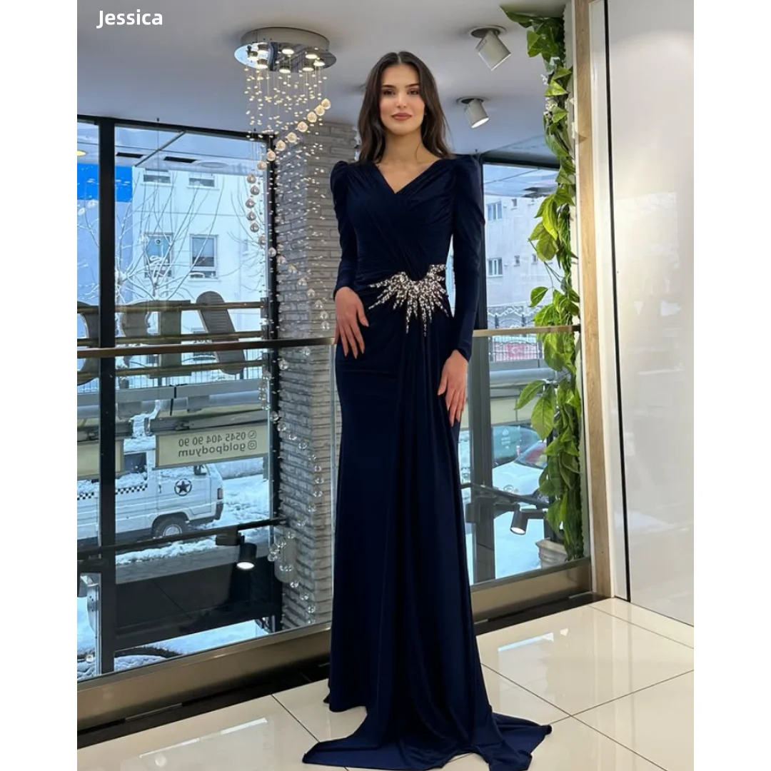 

Jessica V neck Elegant Long Sleeves Evening Dresses Hand-beaded Embroidery Prom Dresses Special Occasion Party DressesCustomized