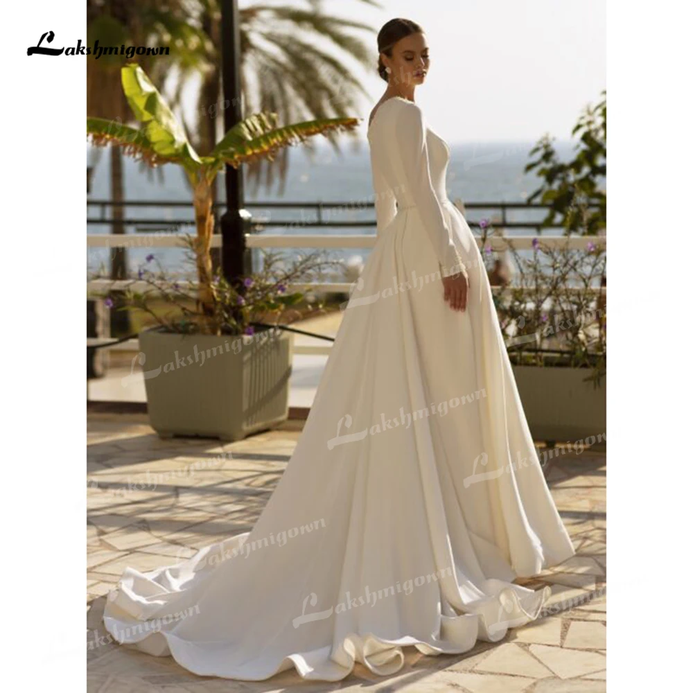 Sexy Beading Off-shoulder Long Sleeves Satin Beach A Line Wedding Dress For Women Customized Bridal Gown vestidos de novia robe