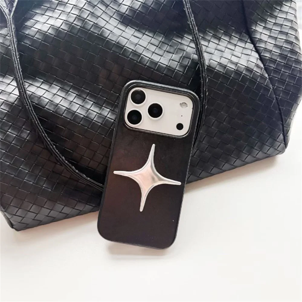 Luxury Metal Star PU Leather Phone Case For iPhone 17 16 15 14 13 Pro Max 16pro 15Pro Shockproof Cover Men Women Stylish Cases