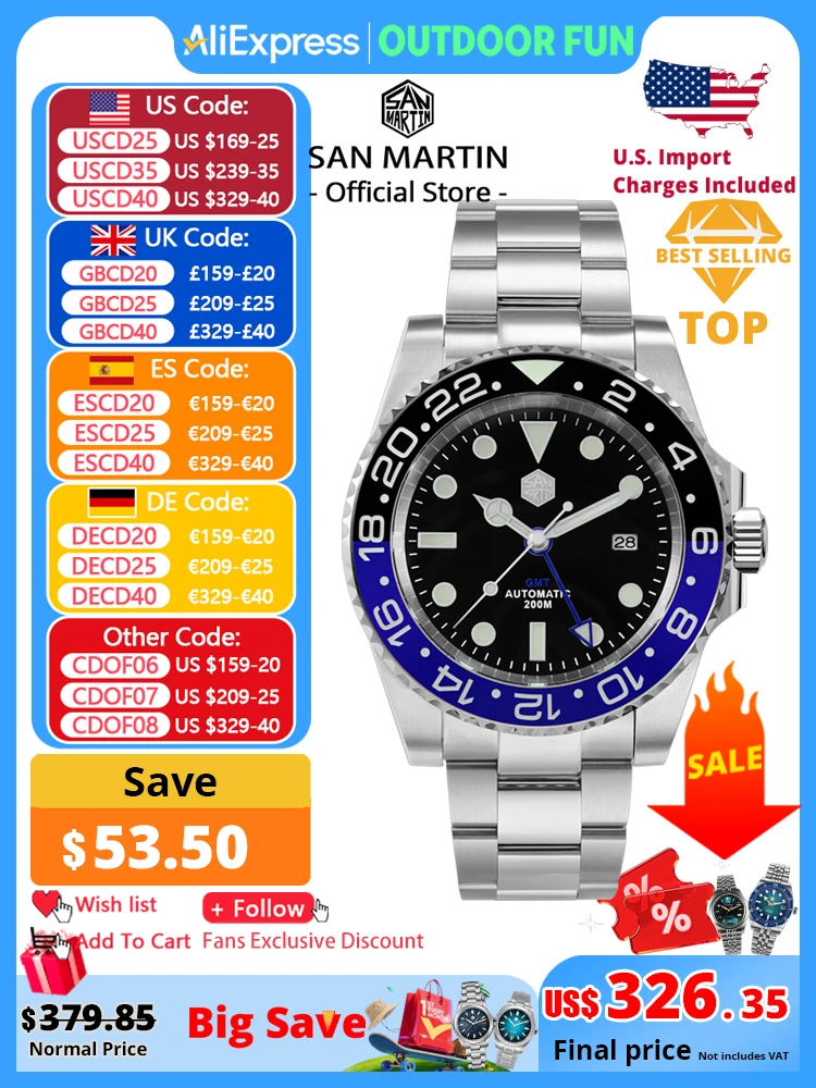 

San Martin Роскошные GMT Hangzhou 6460 Мужские автоматические механические часы Деловые спортивные водонепроницаемые 200 м с сапфировым стеклом полностью светящиеся SN0016