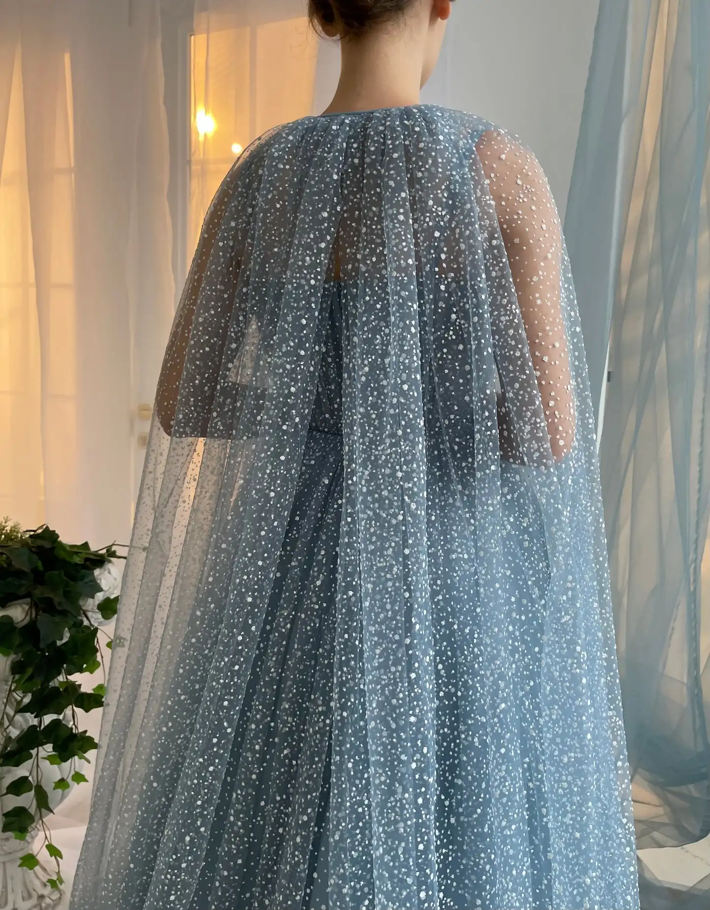 Dusty Blue Sparkly Tulle Prom Dresses with Long Cape Sweetheart A-Line Formal Women\'s Evening Formal Gowns Vestidos De Fieast