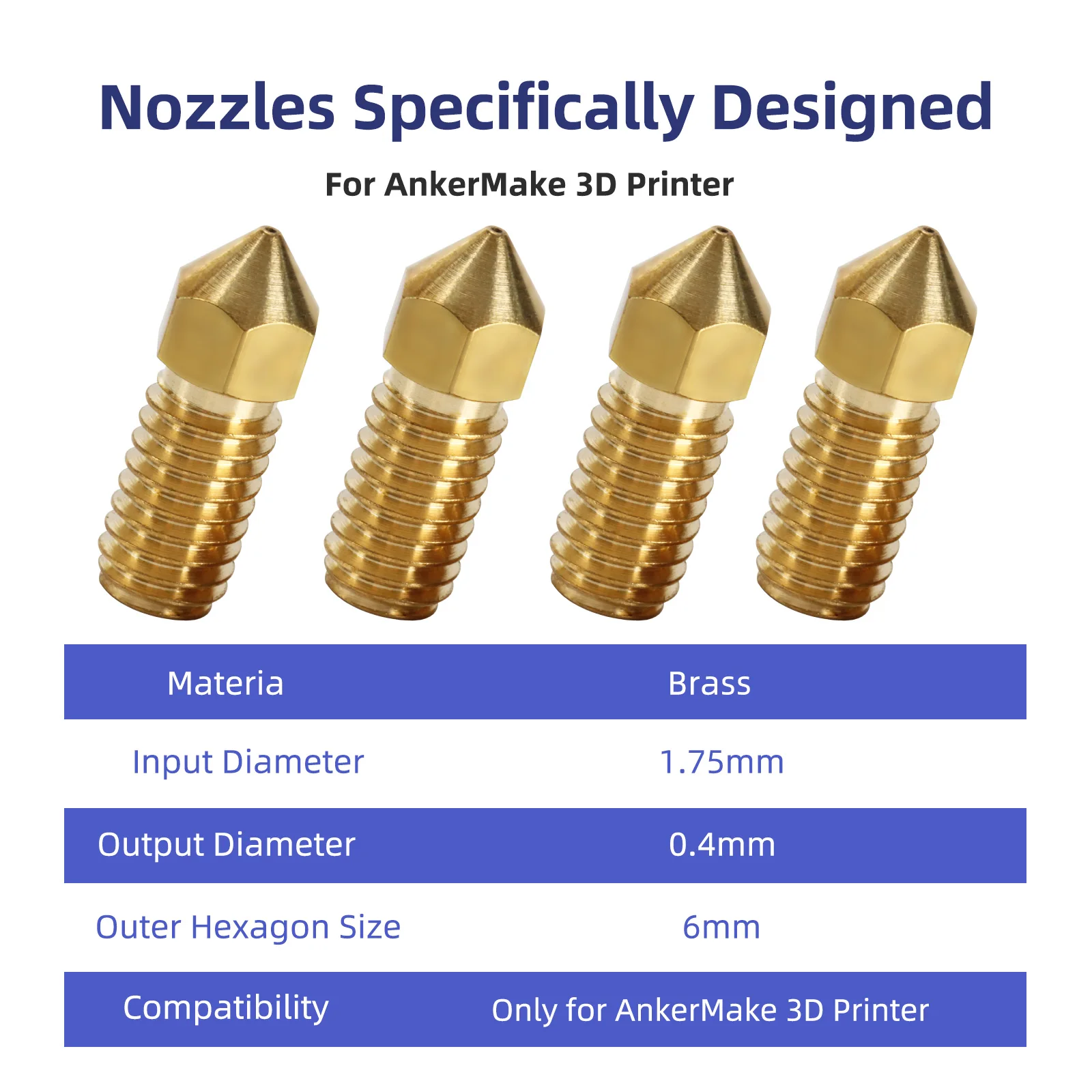 1/2/4PCS Hardened Steel Nozzle Brass Nozzle 0.4mm For AnkerMake M5 3D Printer M6 Threaded Extruder Nozzle 3D Printer Parts