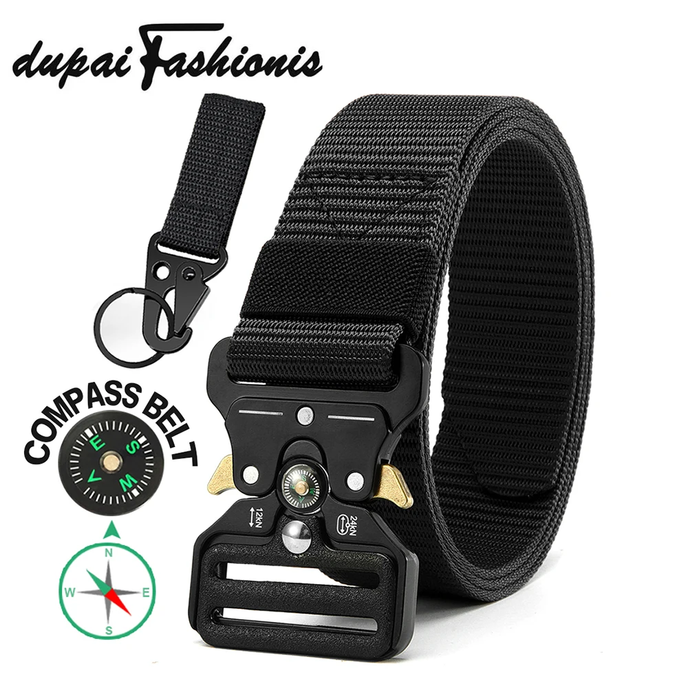 DUPAI FASHIONIS Men Belt Compass Tactical Belt Army Military Canvas Belts Outdoor Hunting Combat Survival Marine Corps Nylon