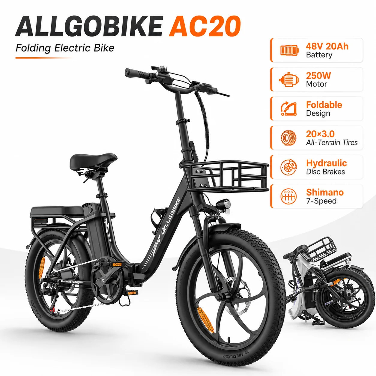 ALLGOBIKE AC20 20 Zoll Klappbares Elektrofahrrad, 48V 20Ah, 250W 50Nm, Hydraulische Scheibenbremsen, 7-Gang, All-Terrain E-Bike