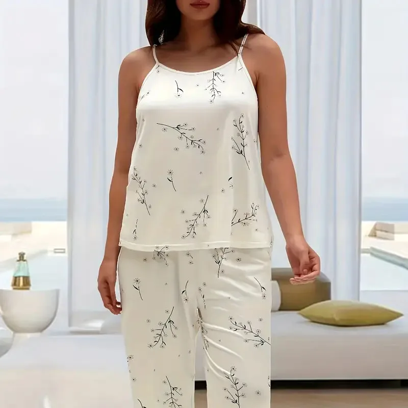 Witte damestop en broek met korte mouwen, ronde hals, tweedelige loungewear/pyjama-casual set, casual pyjamaset met print.