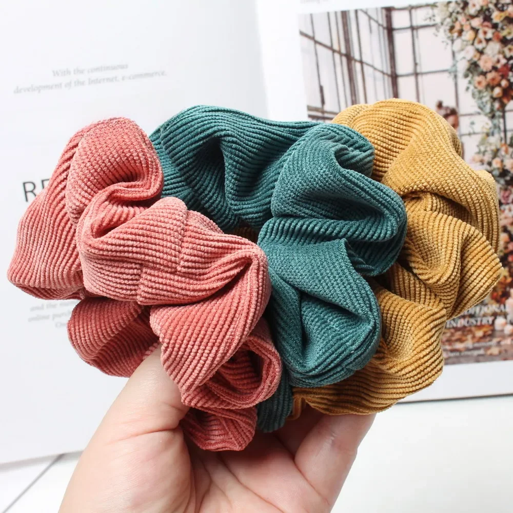 Cord Scrunchie jesienno-zimowy sztruks solidna tkanina zestaw gumek elastyczne opaski do włosów moda kucyk opaska do włosów liny nakrycia głowy 3PK — zdjęcie 2