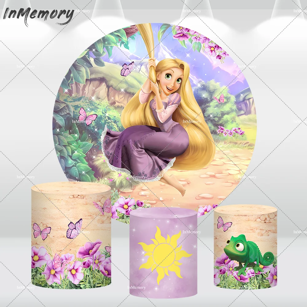 Disney Tangled Rapunzel Birthday Round Circle Backdrop Cover Flowers Butterfly Long Hair Princess Girls Party Background Banner