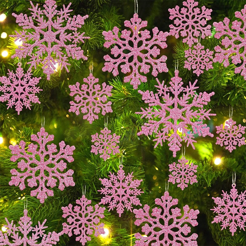 12Pcs/Set Pink Glitter Plastic Snowflake Ornaments Christmas Venue Decoration Xmas Tree Pendant for Home Winter Party Supplies