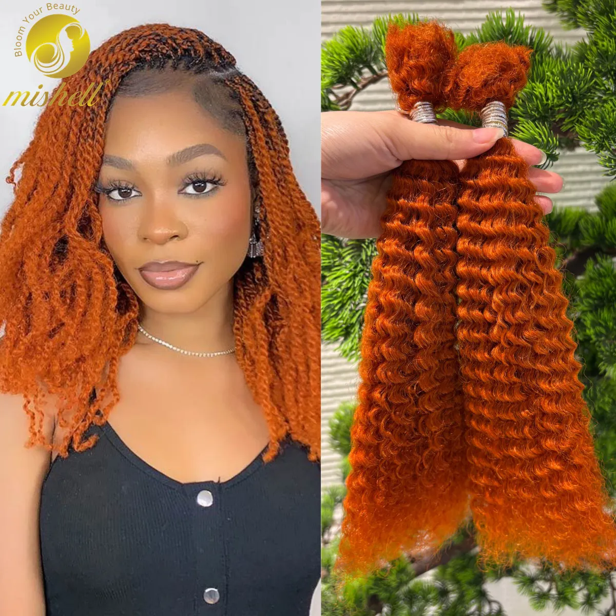 350# Ginger Afro Kinky Curly Human Hair Bulk Extensions No Weft for Permanent Micro Locs/Twists/Braids/Repair Locs 30g/Pack