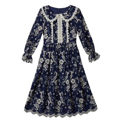 Autumn Winter Original Design Women Mori Girls French Vintage Lace Patchwork Flower Embroidery Navy Blue Cotton Dresses