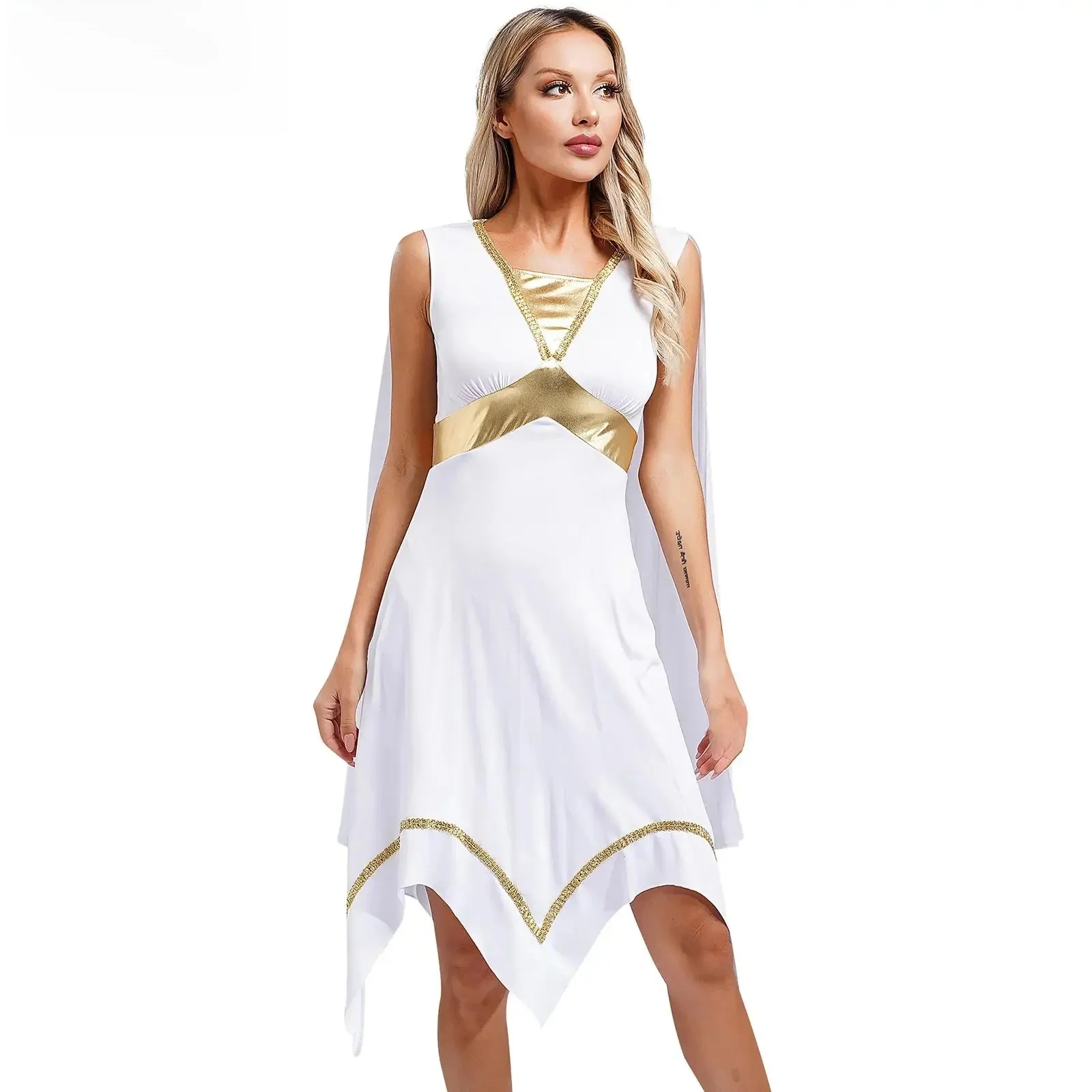 Robe de Cosplay de l'Aleopatra Kokor pour Femme, Vêtement à Manches sulf, Cape Grec, Romain, Égyptien, Garniture Dorée, Tunique, Costume d'Halloween