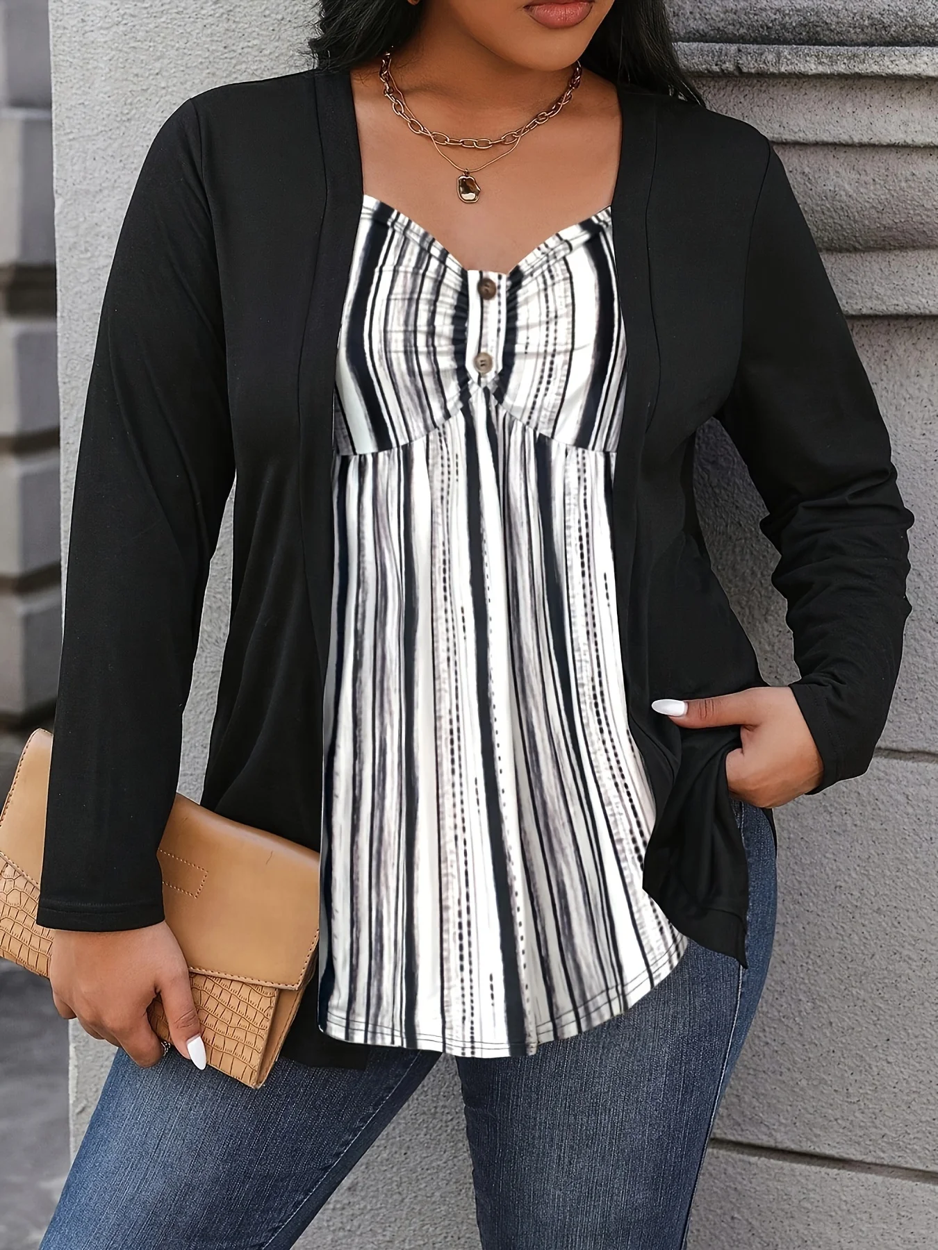 

2025 Plus Size Fashion Pick! Striped Fake Two - Piece Cardigan Top (Plus Size). Patchwork Strip Design, Fake Two-Piece for La