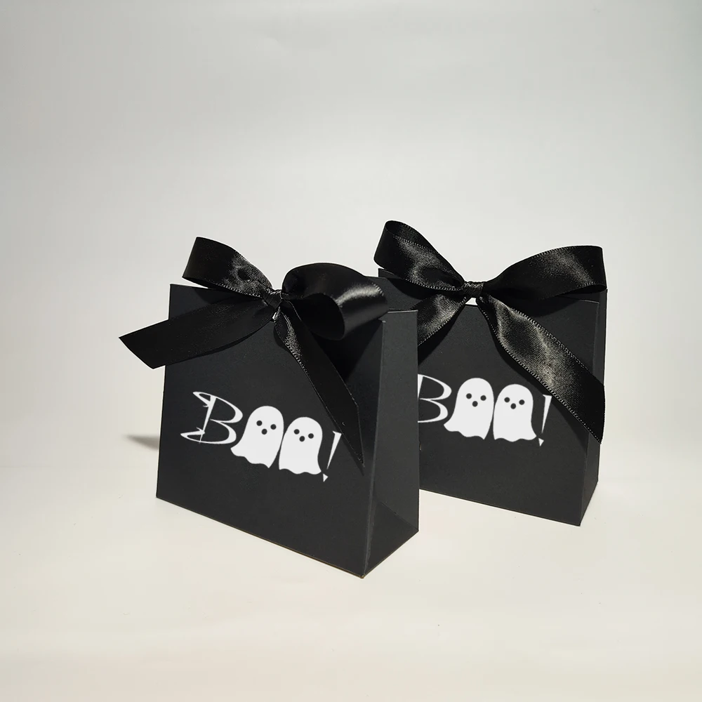 Mini Cute Halloween Candy Box with a Spooky Boo and Ghost Design - Black Box with Ribbon, Trick or Treat