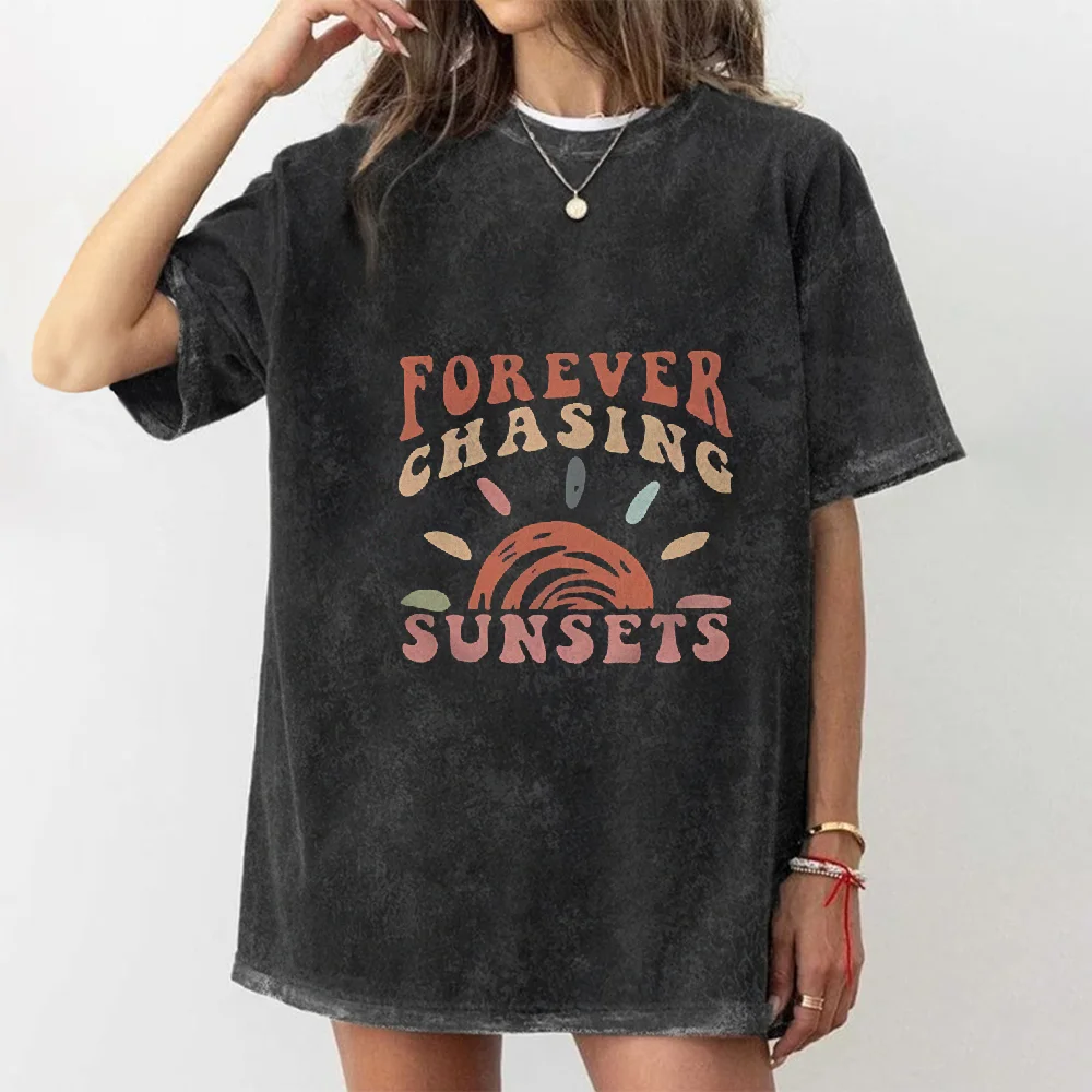 Chasing Sunsets Washed T Shirt Streetwear Vintage T-Shirt Summer Y2k Graphic Tees O-Neck Short Sleeve Casual Unisex Tops