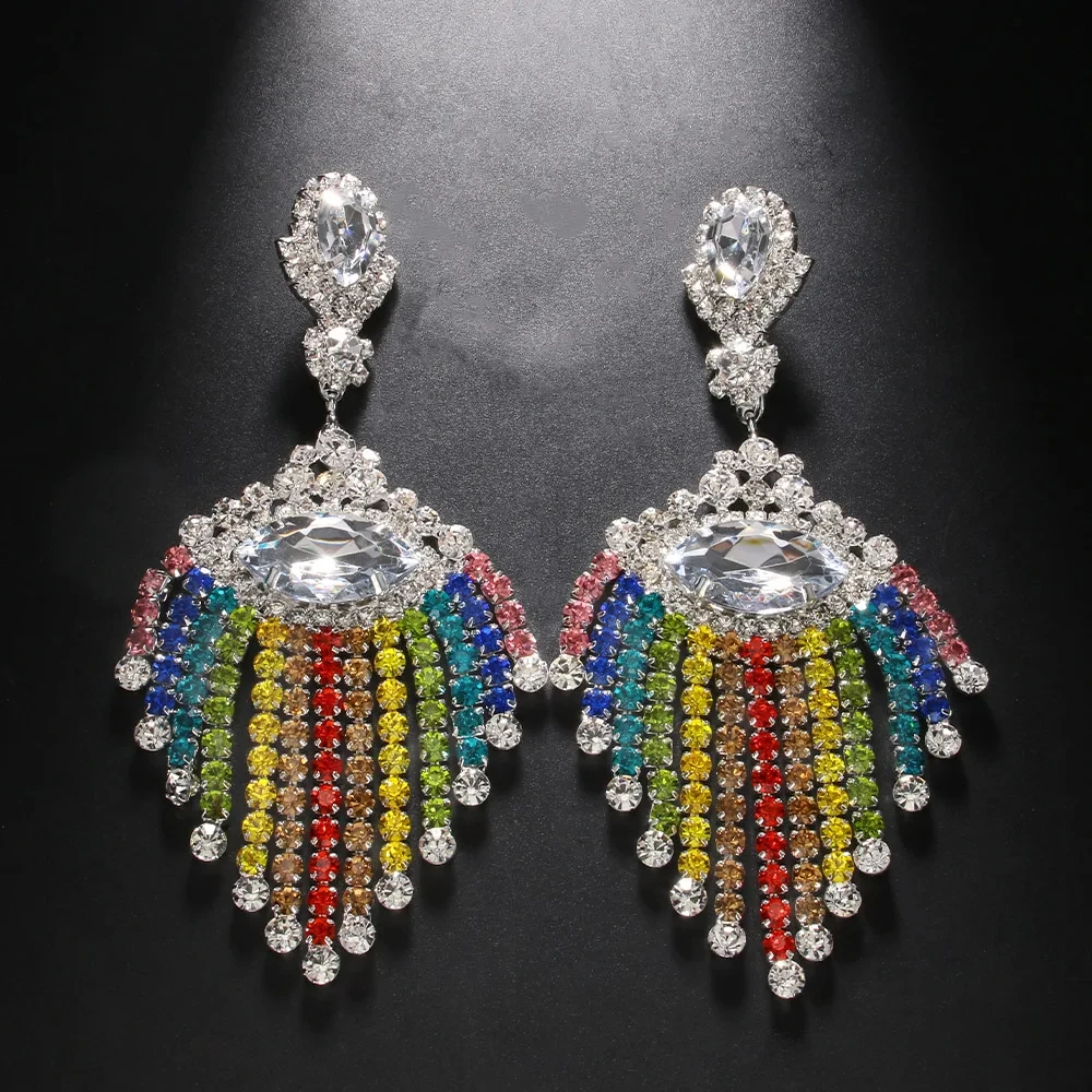 Boho Rhinestone Rainbow Geometric Fringed Dangle Earrings Drag Queen Crystal Colorful Long Tassel Drop Earrings Wedding Jewelry