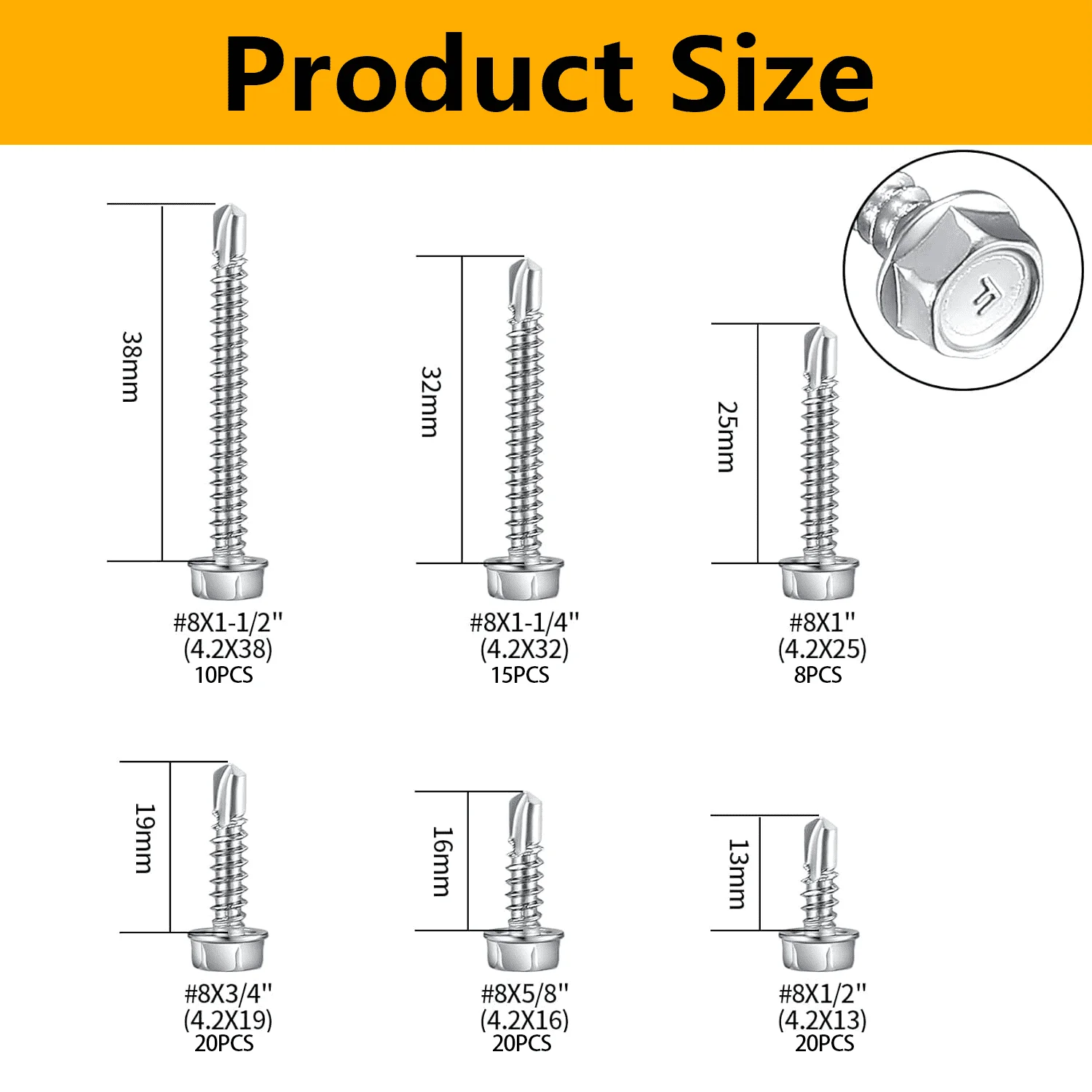 VKKM 410 Stainless Steel Hex Flange Self-Drilling Screw Mix Kit, #8 Roofing Self Drilling Screws for Metal Sheets, Metal Wall Panels and Roof Installation, 93 PCS