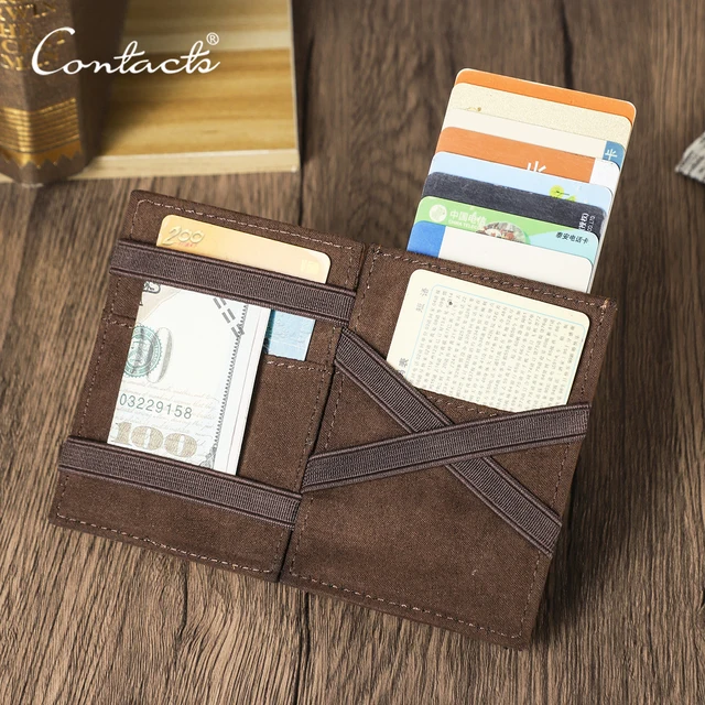 CONTACT'S Oryginalne skórzane magiczne portfele dla mężczyzn RFID Etui na karty kredytowe Metal Slim Pop Up Minimalistyczne portfele męskie Torebka na pieniądze