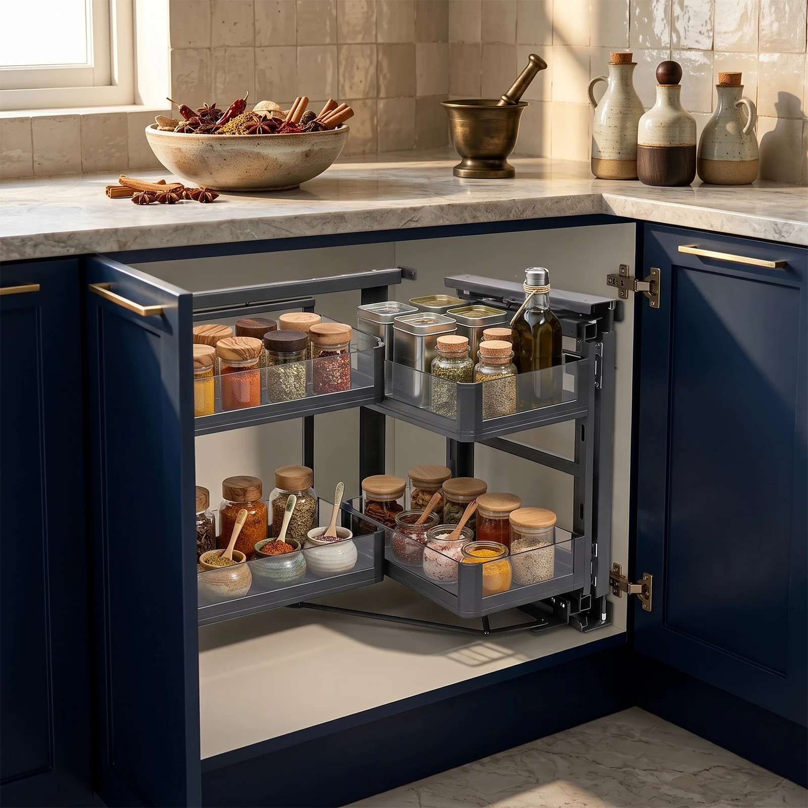 Blind Corner Cabinet Pull Out For 14 Inch Organizer,Kitchen Corner Cabinet Pull Out,Magic Corner Pull Out Left Or Right Handed Open,2 Tiers Swing Tray,Blind Corner Soft Close