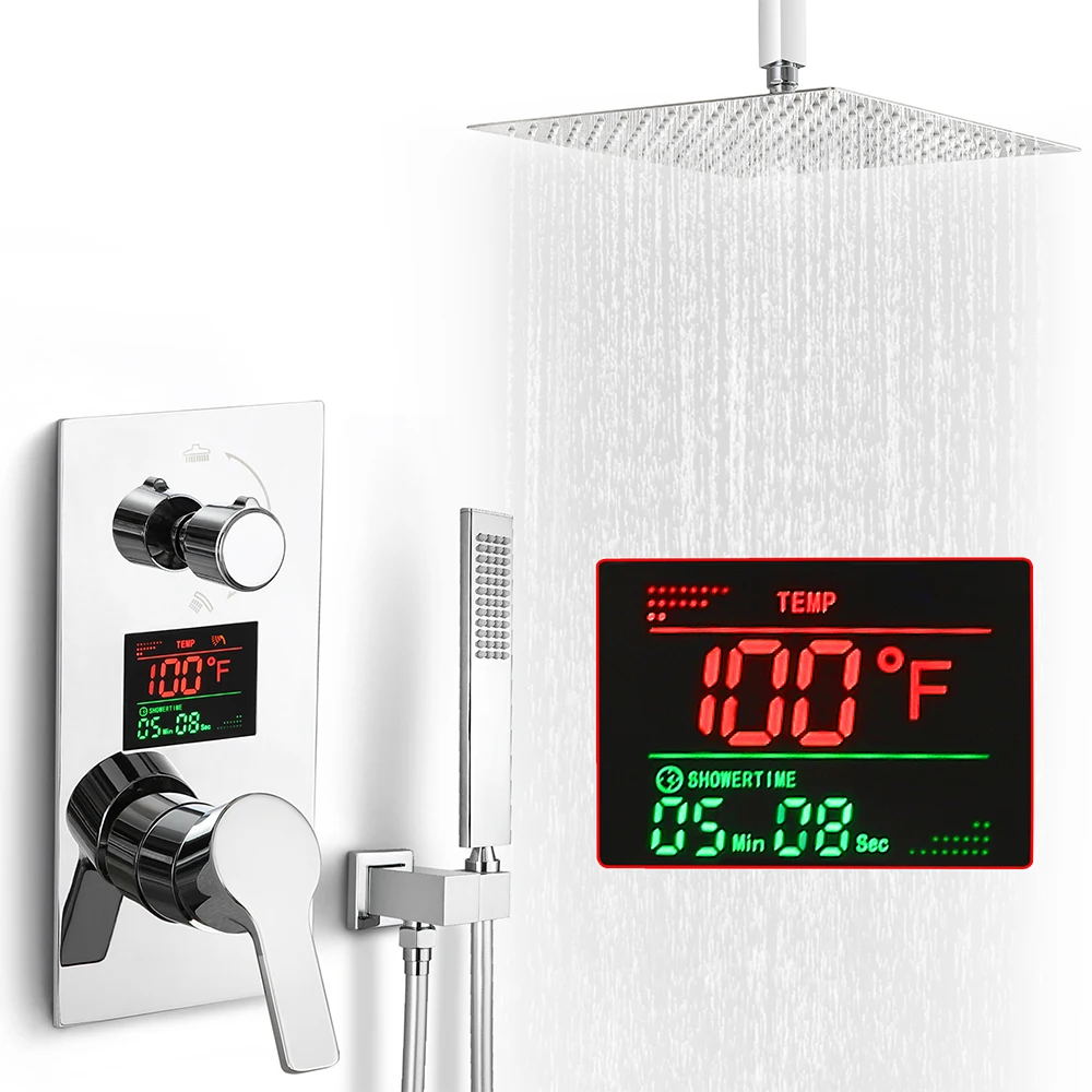 SKOWLL Overhead Shower System Ceiling Mount Rain Shower Set with Temperature Display Valve, Polished Chrome