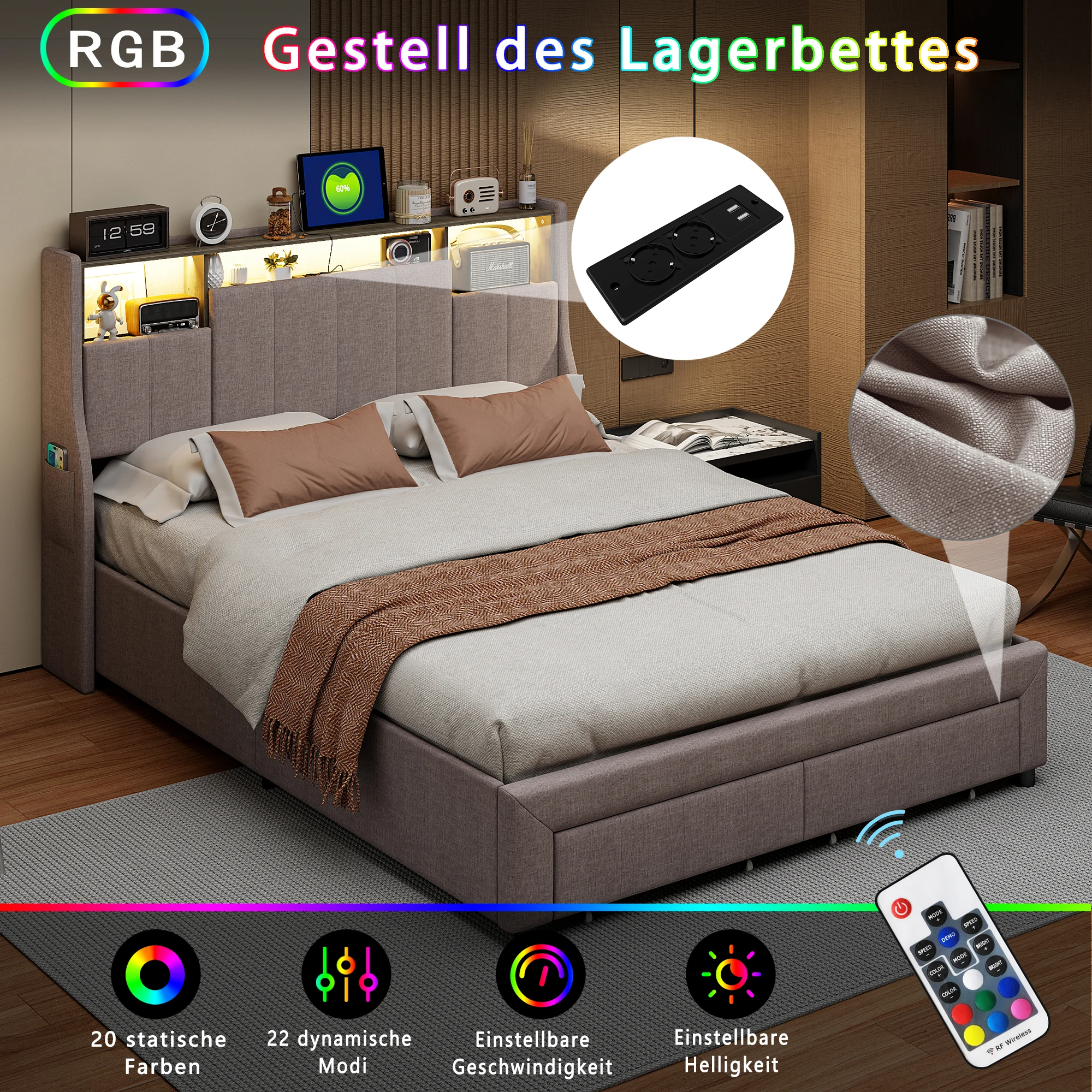 Tête de lit double Rosahqnda avec éclairage LED, ports USB et compartiment de rangement, 2 tiroirs, lit d'amis, lit d'adolescent,