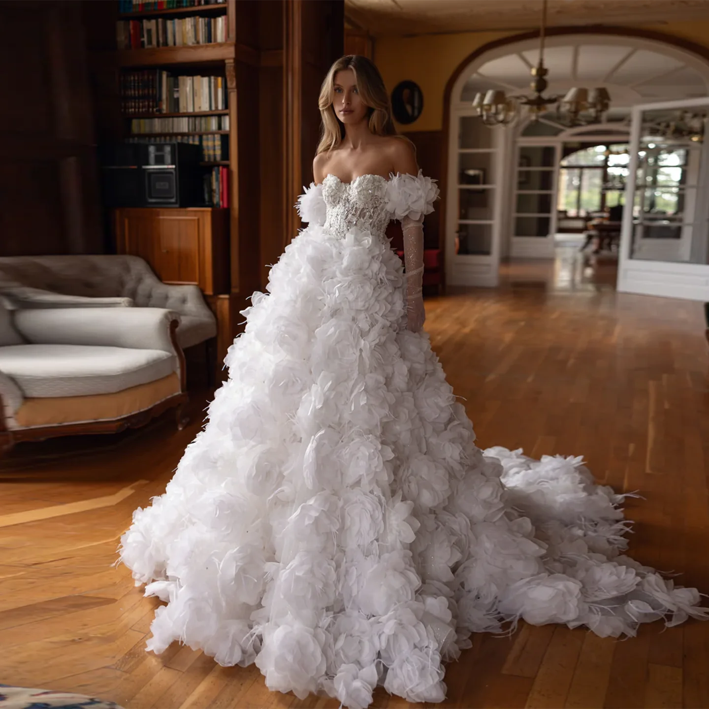 

Sharon Said Luxurious Off Shoulder White Satin Wedding Dress 2025 Romantic 3D Flowers Long Glove Bride Gowns SW426 Customized