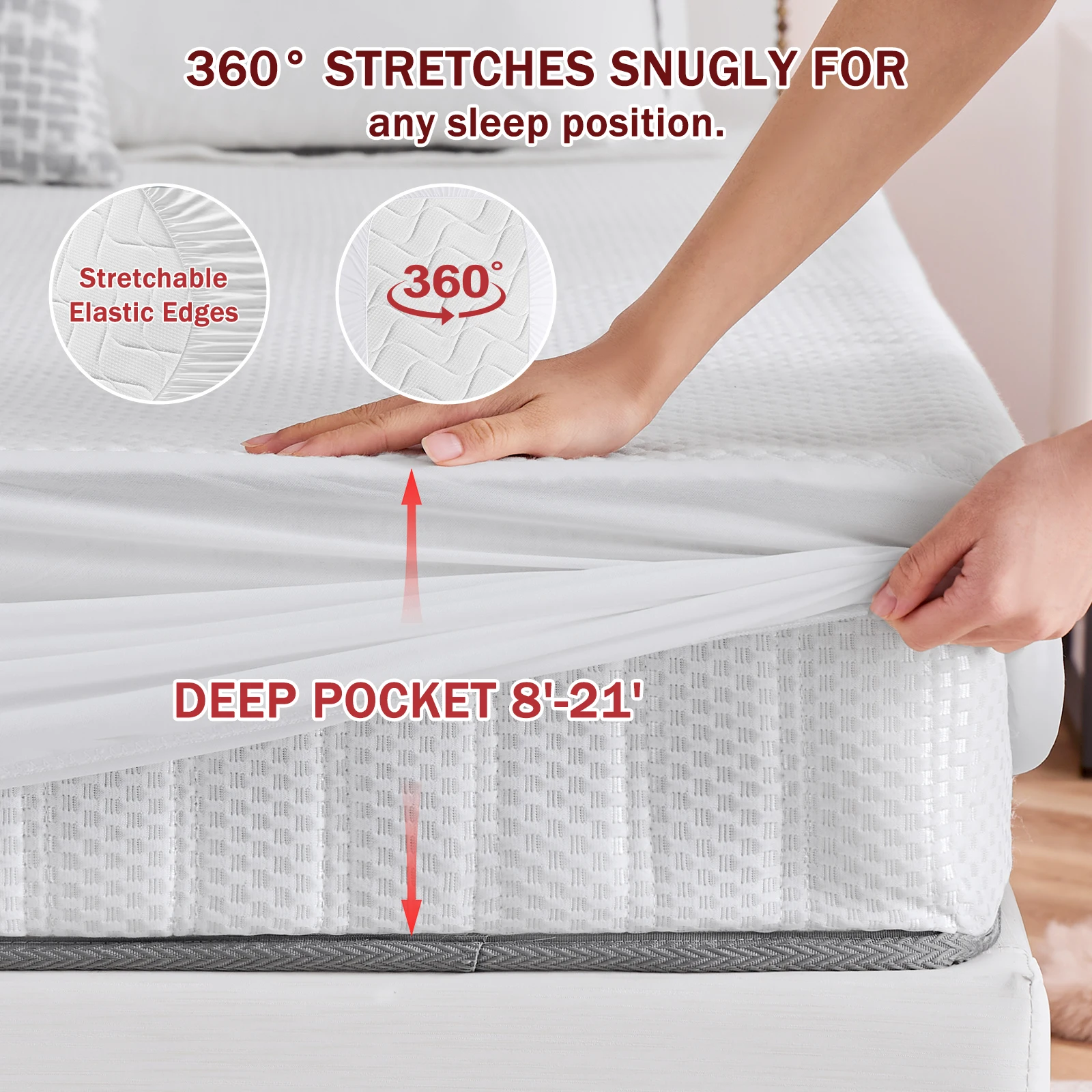 White 100% Waterproof Mattress Protector Ultra-Soft Viscose Mattress Pad Cover Noiseless Washable with Deep Poocket fit 8- 21