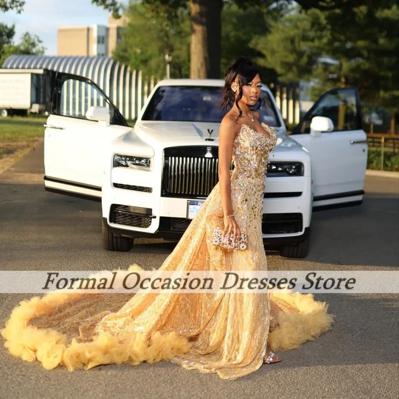 Luxurious Black Girls Prom Dresses With Detachable Train Sequin Crystal Party Gowns Satin Evening Dress Sweetheart Customized image 2