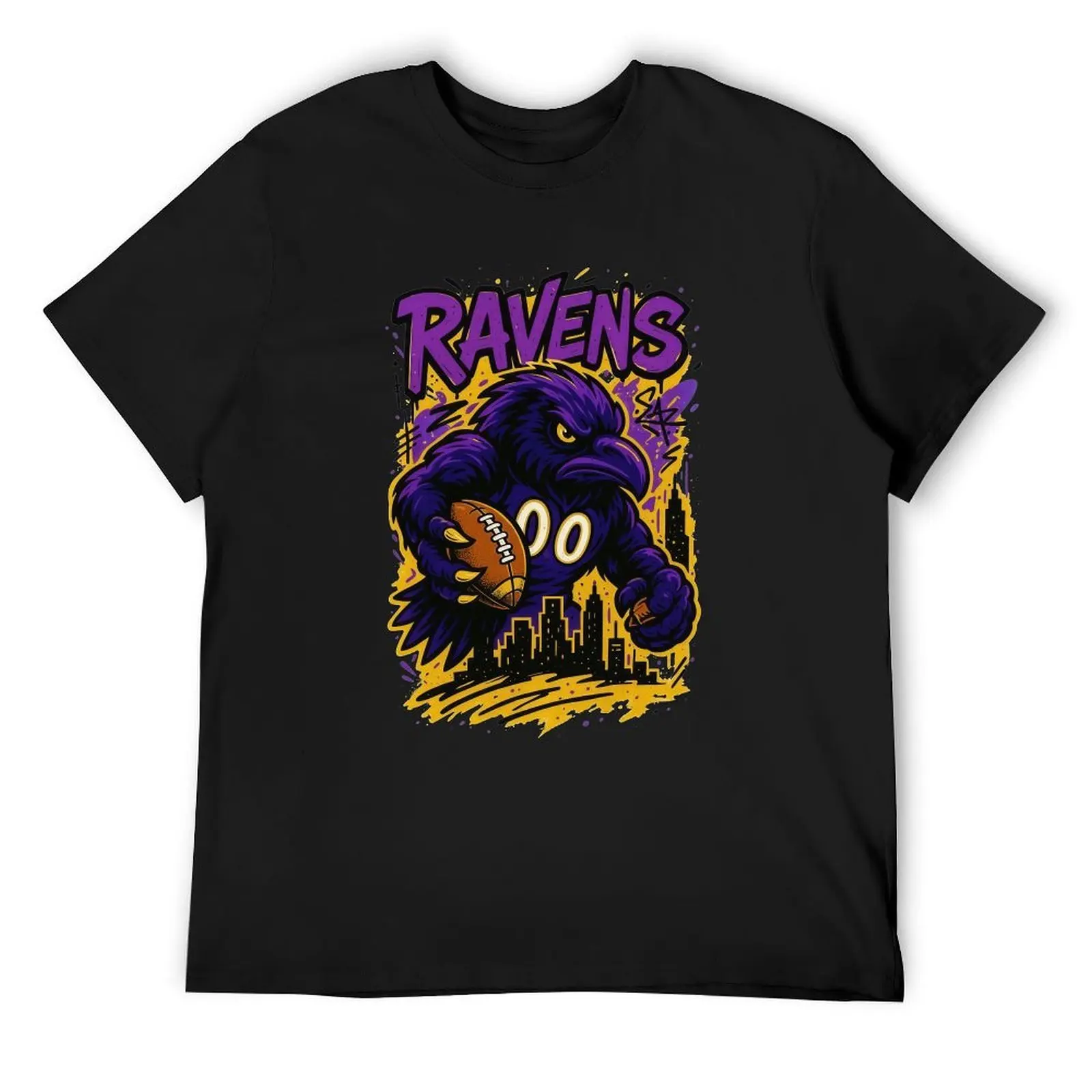 City Skyline Baltimore Ravens Cartoon Raven Holding Football Street Graffiti Print Casual Short Sleeve Tshirt