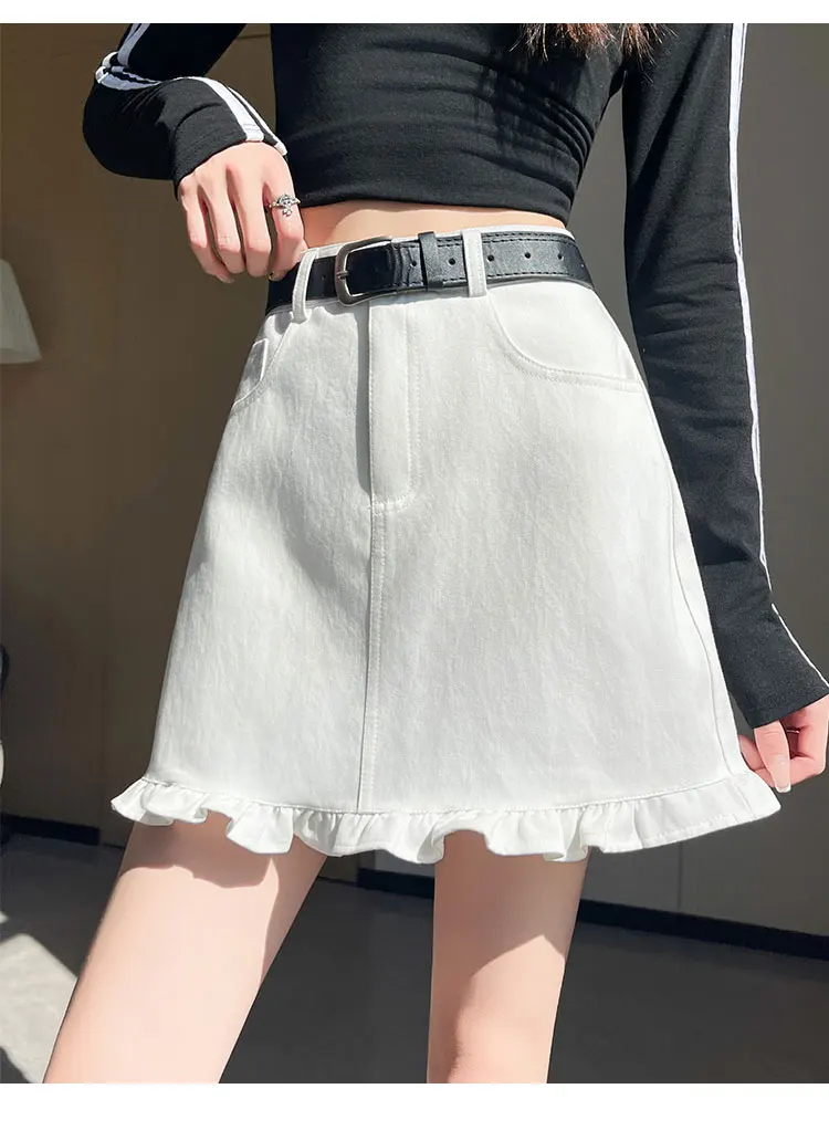 

Women's White Wood Ear Spliced ​​Denim Skirt Street Y2k Korean Fashion Commuter Girl High Waist Hip A-Line Skirt Autumn Skirt