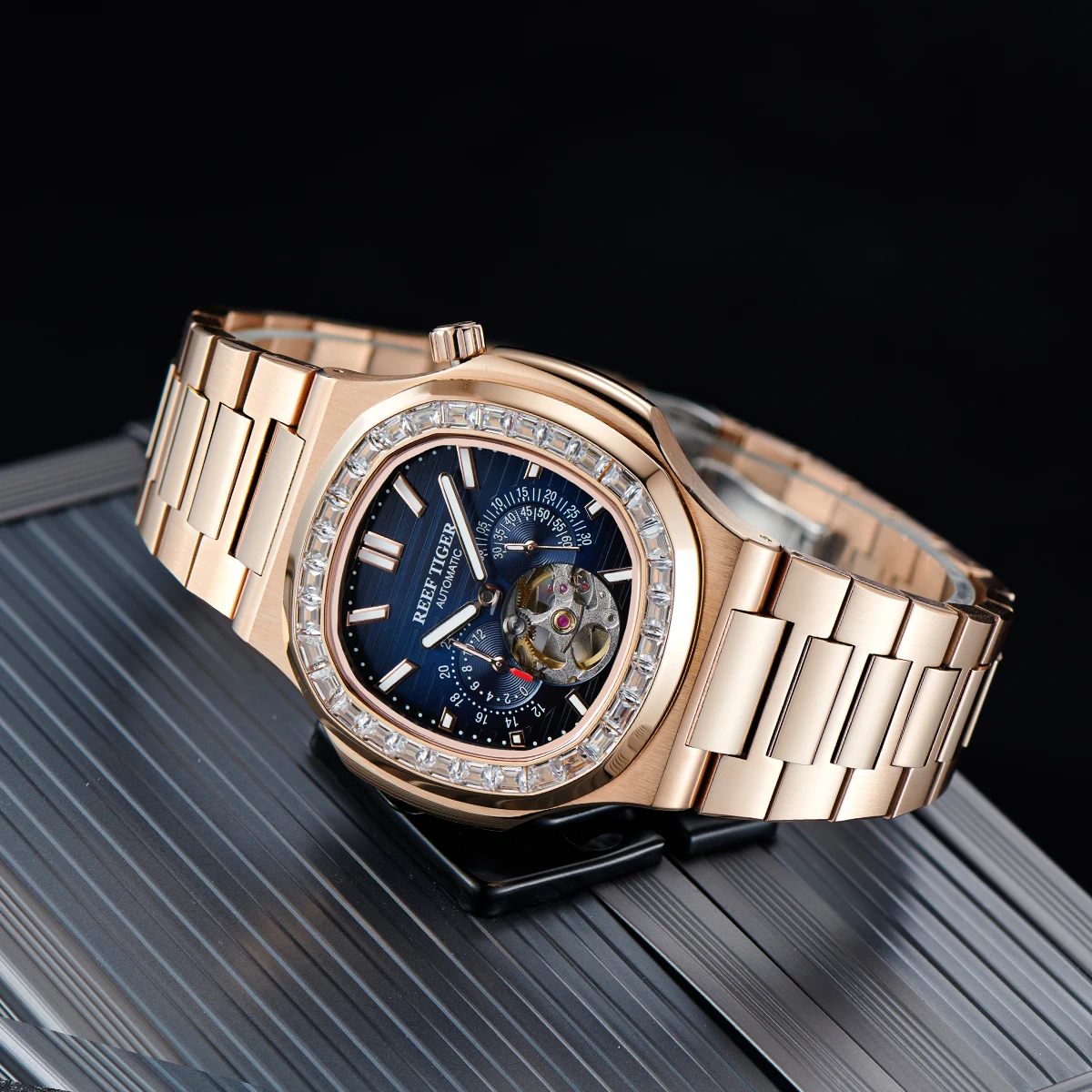 

Reef Tiger-Men's Rose Gold Watch with Diamond Bezel, 24-Hour Blue Dial, Multifunction Luminous Tourbillon Automatic Bracelet