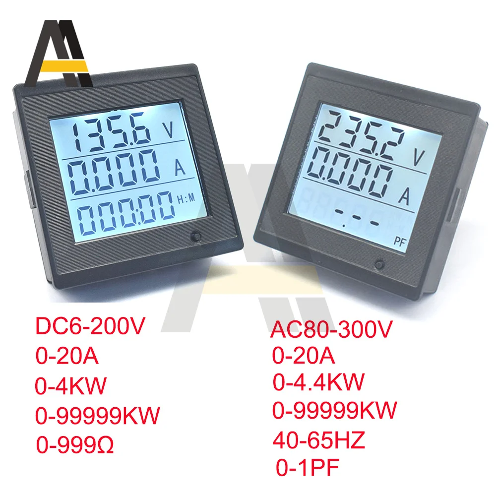 20A DC AC Multifunctional Power Metering Meter AC80-300V DC6-200V Voltage Current Power Consumption Time Frequency Power Factor