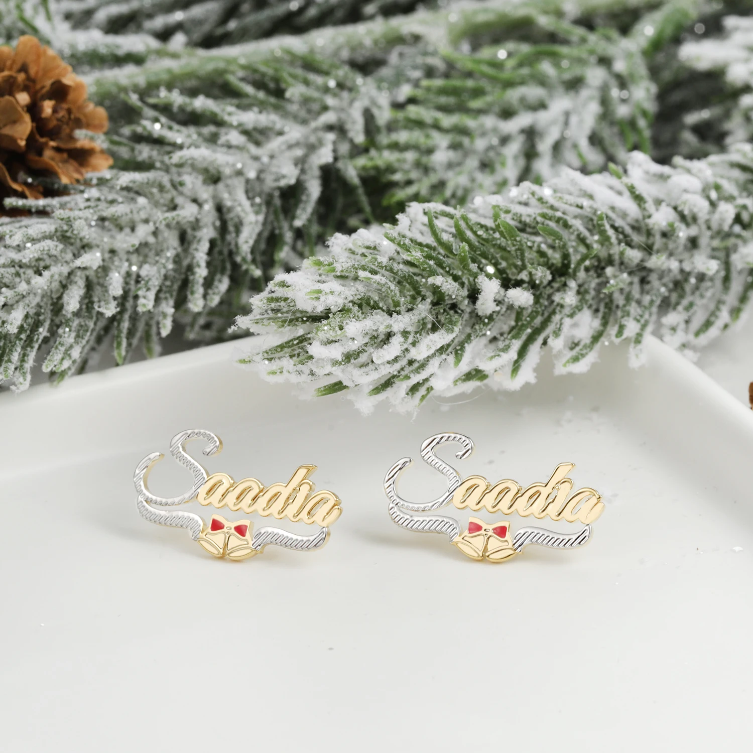 New Customized Stud Gold Plated Two Tones Personalized Name Studs Earrings With Christmas Bell For Women Christmas Gift