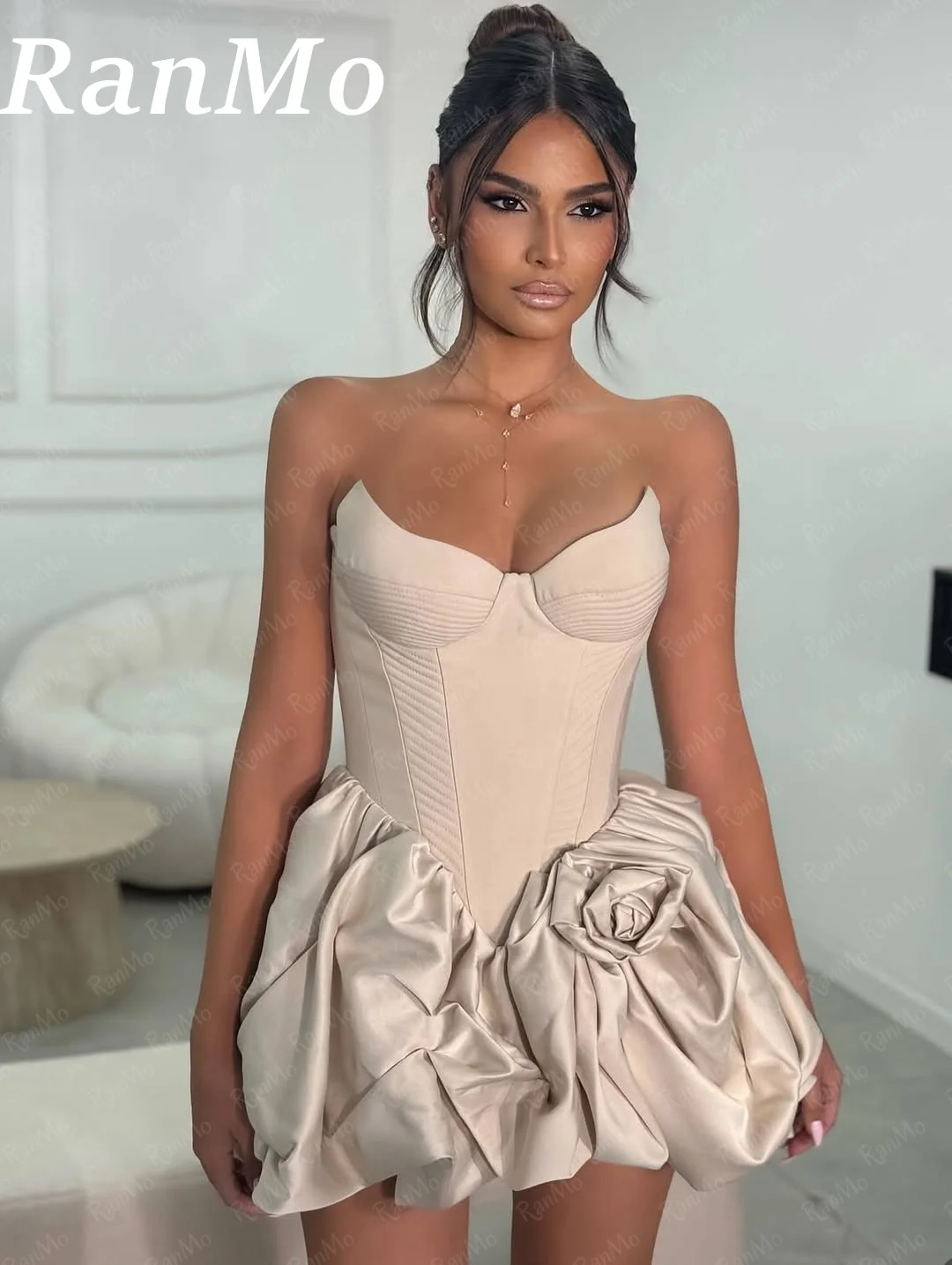 Ranmo Короткие атласные платья для выпускного вечера для женщин с открытыми плечами плиссированное вечернее платье Abito Da Sposa с цветком ручной работы по индивидуальному заказу 2025