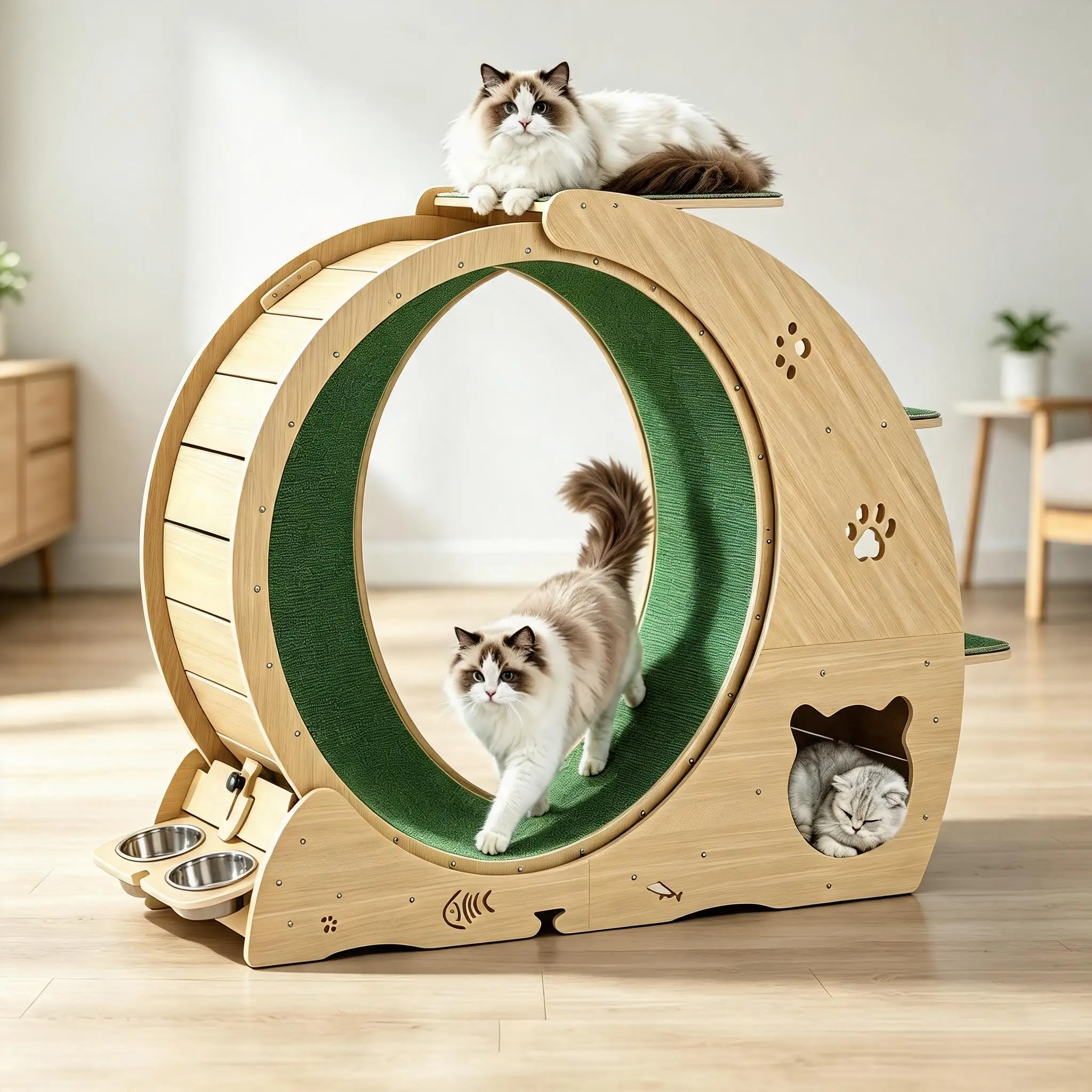 Roue d'exercice pour chat d'intérieur 55 pouces 4-en-1 en bois naturel silencieuse avec surface à gratter, tapis antidérapant, espace de sommeil et de repos, tour pour chat à 3 niveaux pour la prévention de l'obésité